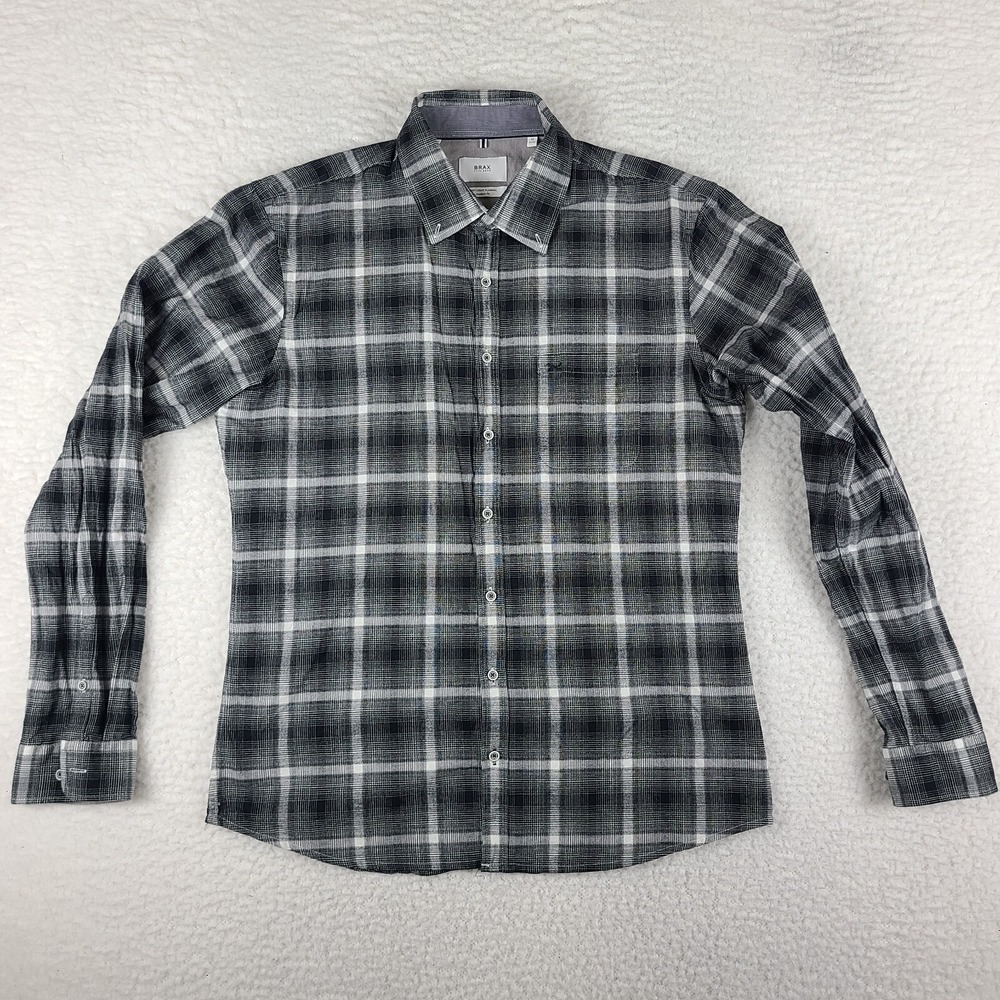 BRAX Shirt Mens Medium 39 / 40 Black Plaid Cosy Light Flannel Modern Button Up